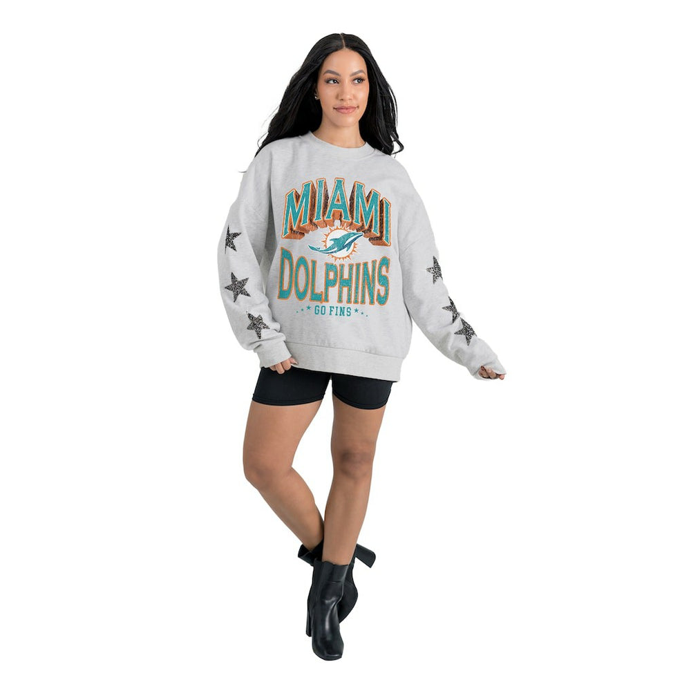 Miami Dolphins Gameday Couture Women's Resilience Relaxed Rhinestone Pullover Sweatshirt Ash