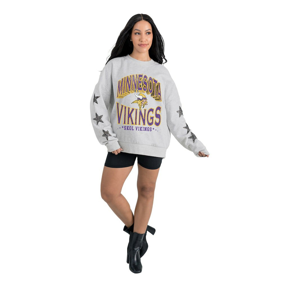 Minnesota Vikings Gameday Couture Women's Resilience Relaxed Rhinestone Pullover Sweatshirt Ash