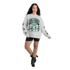 New York Jets Gameday Couture Women's Resilience Relaxed Rhinestone Pullover Sweatshirt Ash