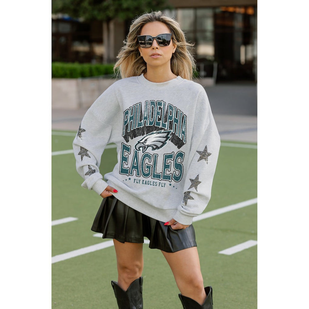 Philadelphia Eagles Gameday Couture Women's Resilience Relaxed Rhinestone Pullover Sweatshirt Ash