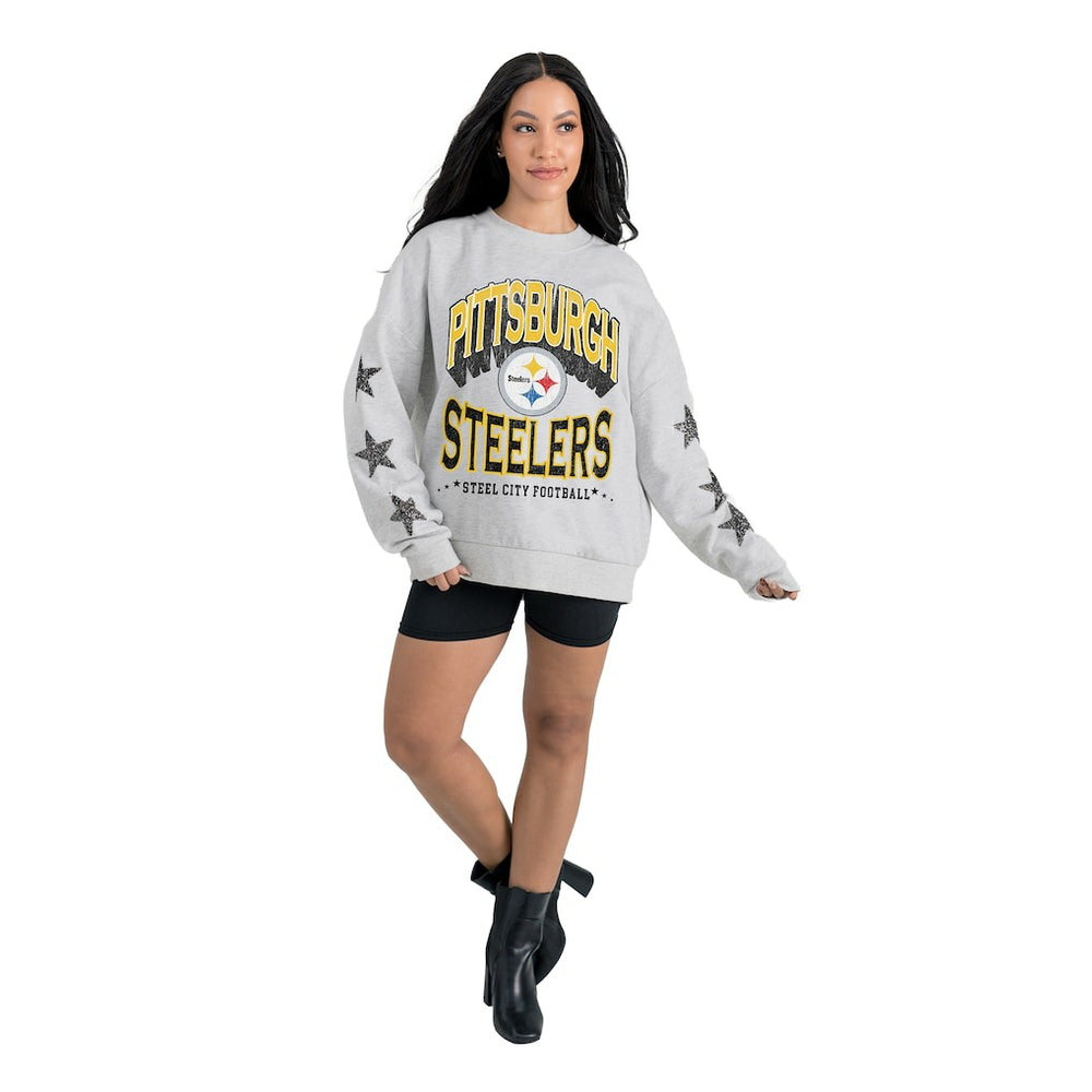 Pittsburgh Steelers Gameday Couture Women's Resilience Relaxed Rhinestone Pullover Sweatshirt Ash