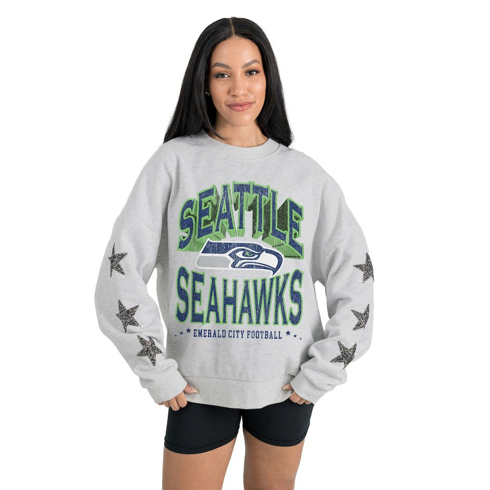 Seattle Seahawks Gameday Couture Women's Resilience Relaxed Rhinestone Pullover Sweatshirt Ash