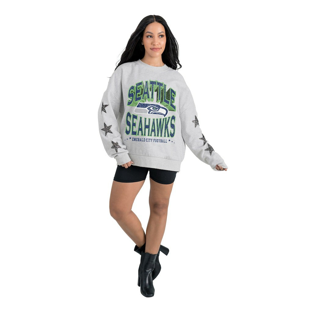 Seattle Seahawks Gameday Couture Women's Resilience Relaxed Rhinestone Pullover Sweatshirt Ash