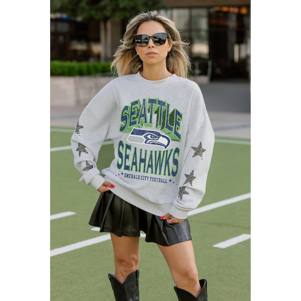 Seattle Seahawks Gameday Couture Women's Resilience Relaxed Rhinestone Pullover Sweatshirt Ash