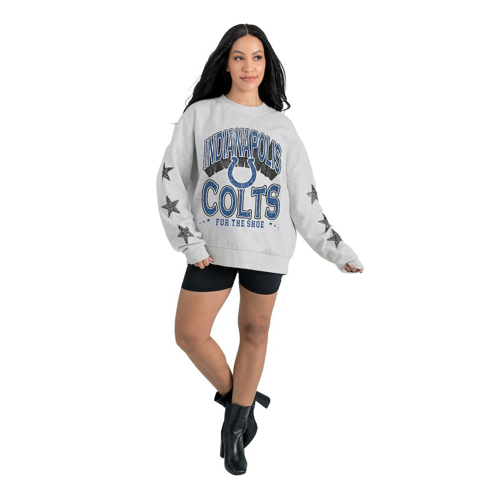 Indianapolis Colts Gameday Couture Women's Resilience Relaxed Rhinestone Pullover Sweatshirt Ash
