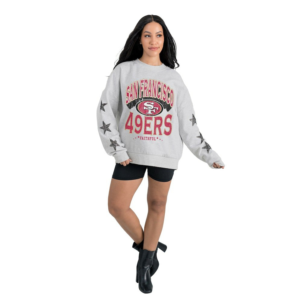 San Francisco 49ers Gameday Couture Women's Resilience Relaxed Rhinestone Pullover Sweatshirt Ash