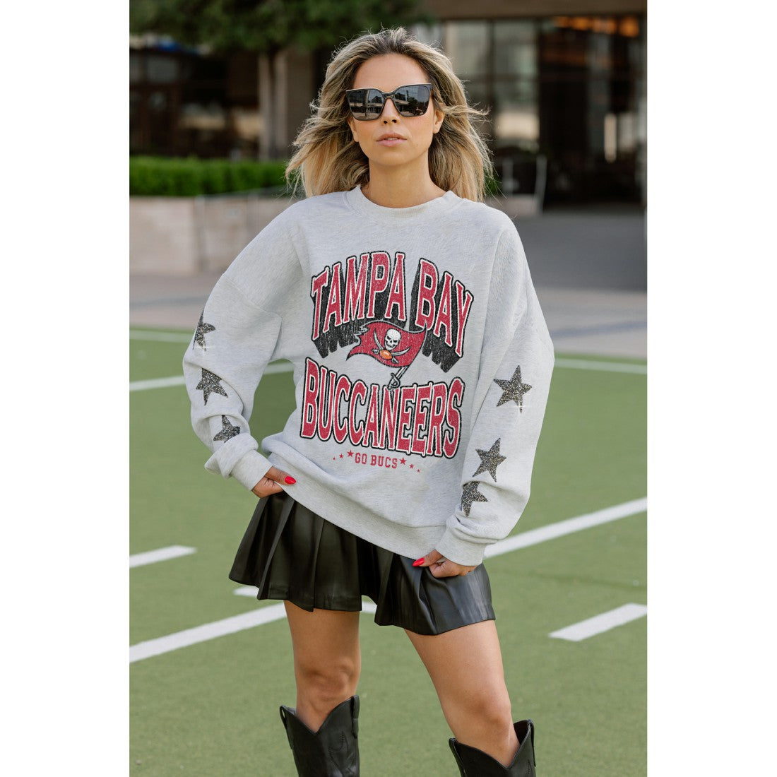 Tampa Bay Buccaneers Gameday Couture Women's Resilience Relaxed Rhinestone Pullover Sweatshirt Ash