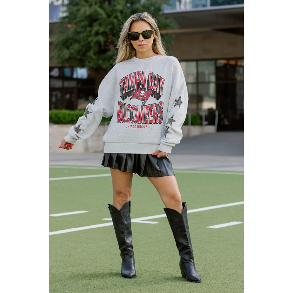Tampa Bay Buccaneers Gameday Couture Women's Resilience Relaxed Rhinestone Pullover Sweatshirt Ash