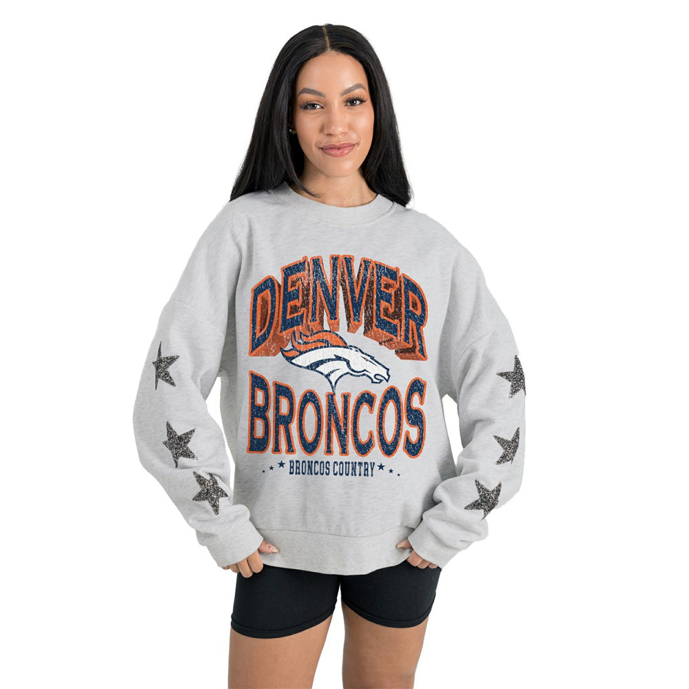 Denver Broncos Gameday Couture Women's Resilience Relaxed Rhinestone Pullover Sweatshirt Ash