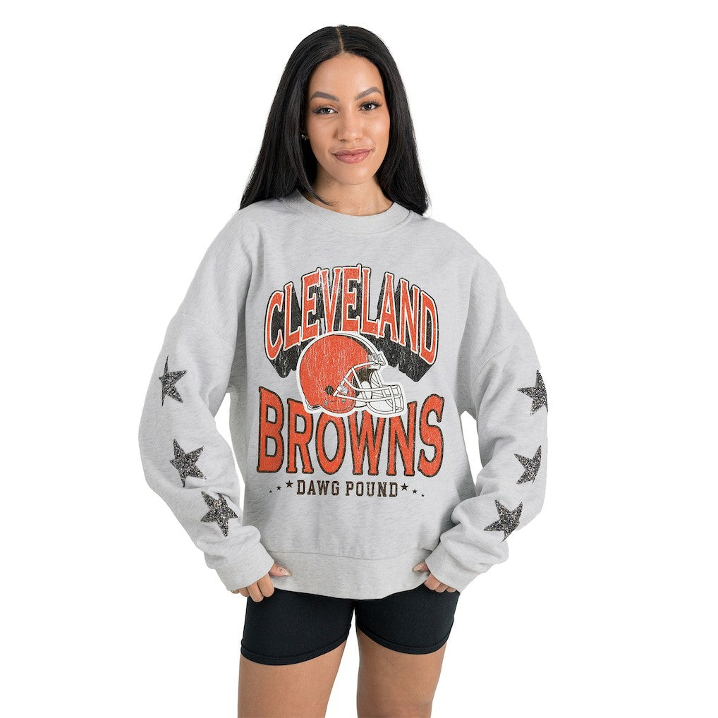 Cleveland Browns Gameday Couture Women's Resilience Relaxed Rhinestone Pullover Sweatshirt Ash