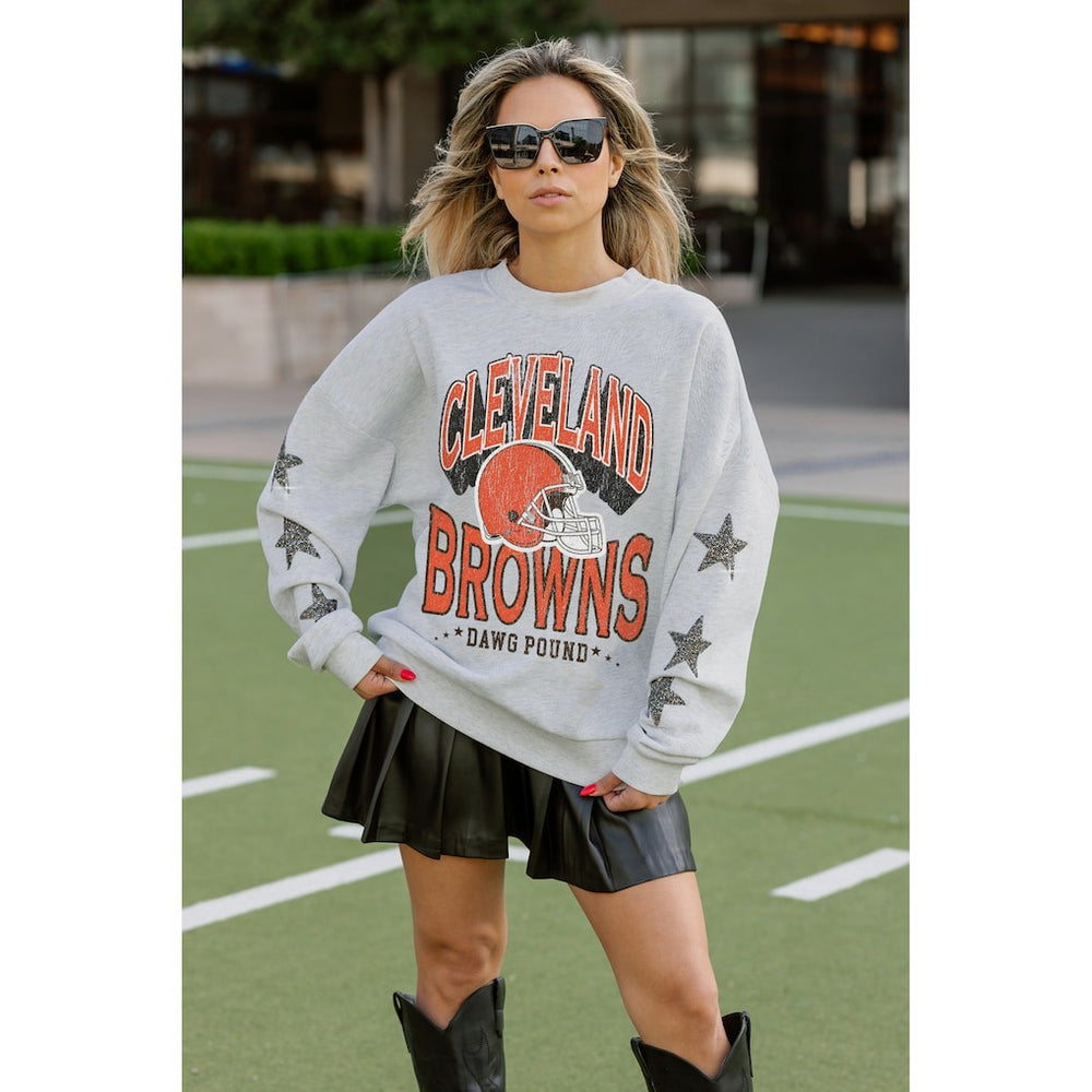 Cleveland Browns Gameday Couture Women's Resilience Relaxed Rhinestone Pullover Sweatshirt Ash
