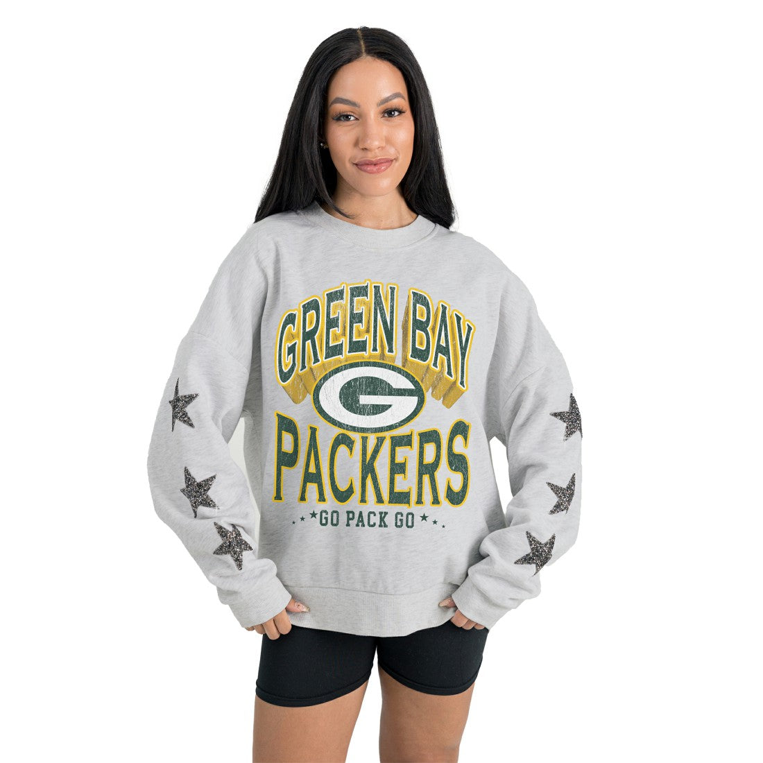 Green Bay Packers Gameday Couture Women's Resilience Relaxed Rhinestone Pullover Sweatshirt Ash