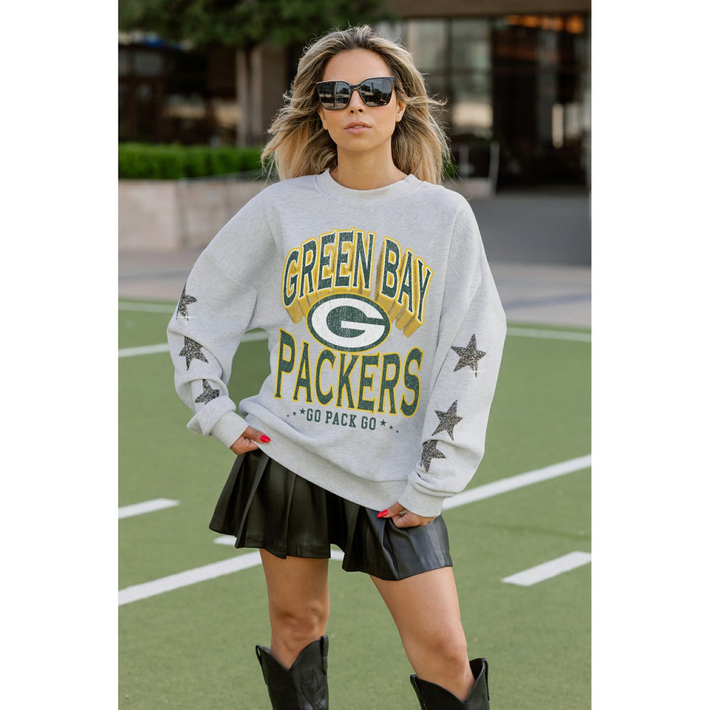 Green Bay Packers Gameday Couture Women's Resilience Relaxed Rhinestone Pullover Sweatshirt Ash
