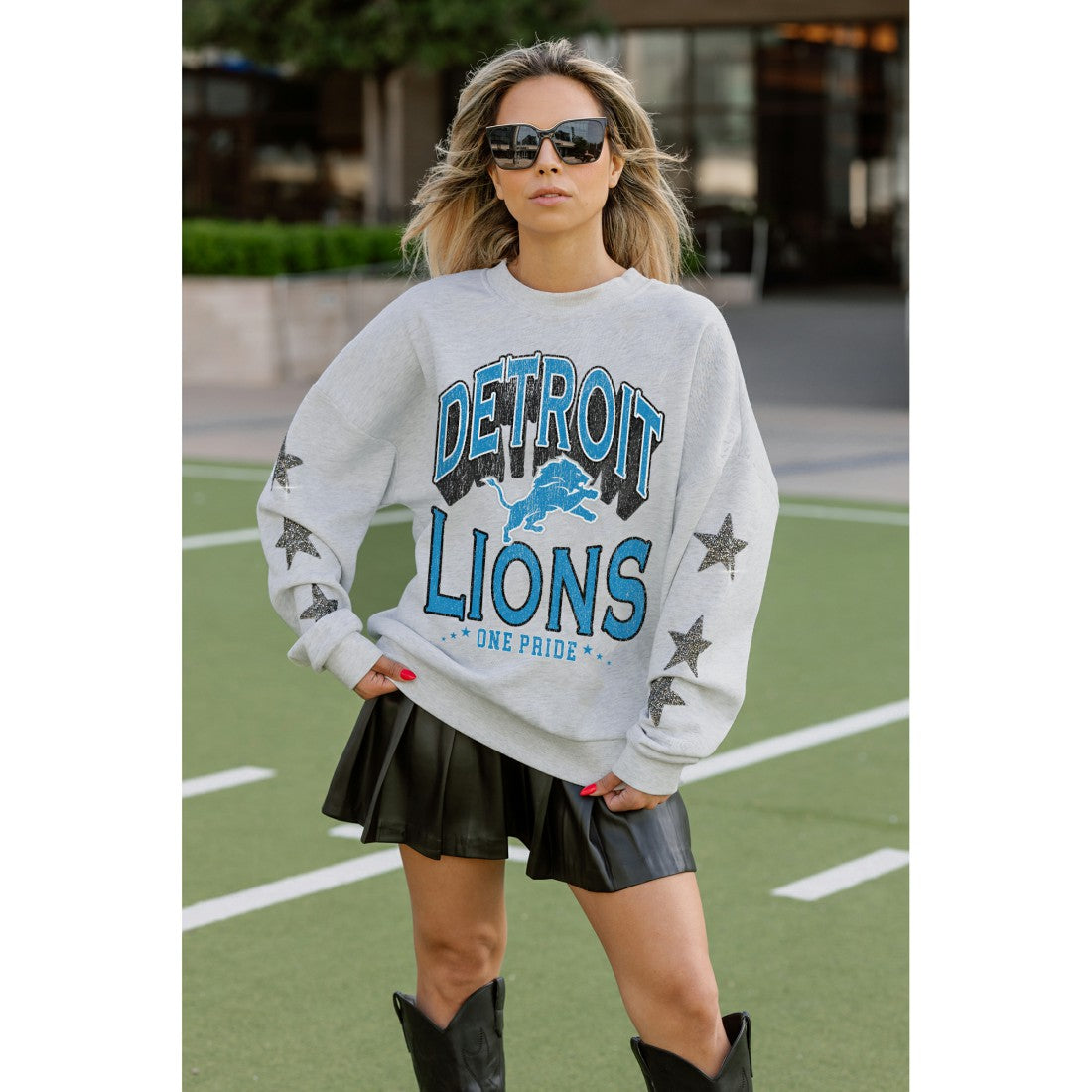 Detroit Lions Gameday Couture Women's Resilience Relaxed Rhinestone Pullover Sweatshirt Ash