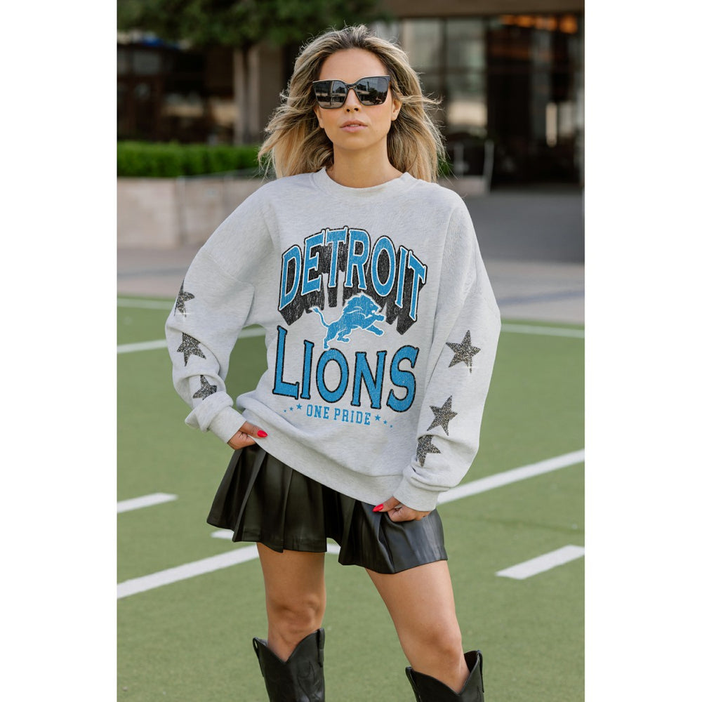 Detroit Lions Gameday Couture Women's Resilience Relaxed Rhinestone Pullover Sweatshirt Ash