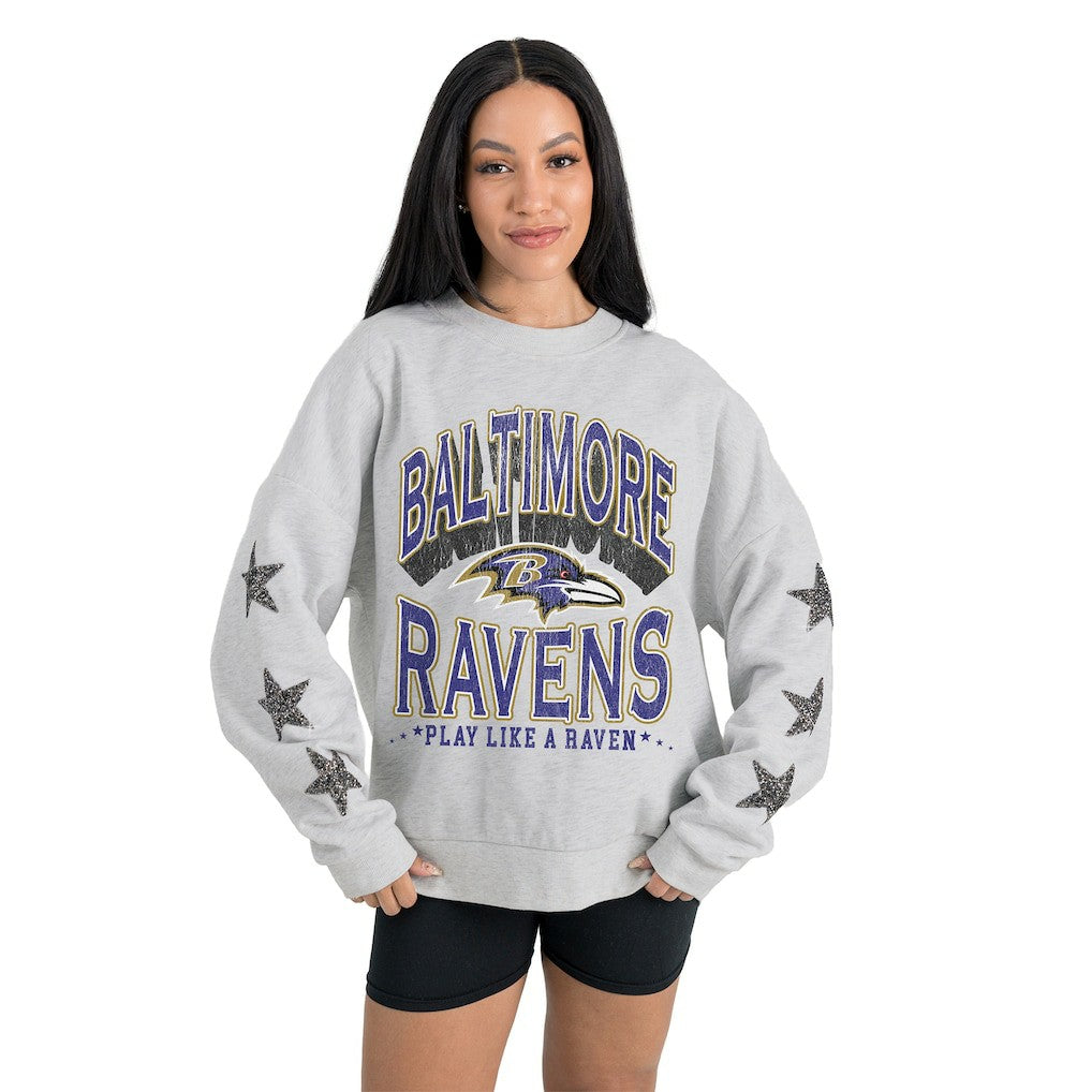 Baltimore Ravens Gameday Couture Women's Resilience Relaxed Rhinestone Pullover Sweatshirt Ash
