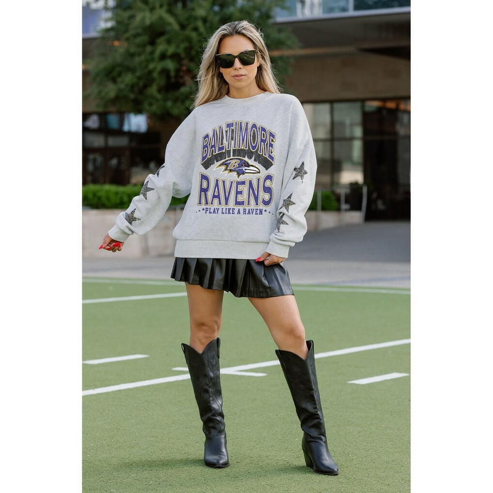 Baltimore Ravens Gameday Couture Women's Resilience Relaxed Rhinestone Pullover Sweatshirt Ash