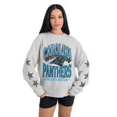 Carolina Panthers Gameday Couture Women's Resilience Relaxed Rhinestone Pullover Sweatshirt Ash