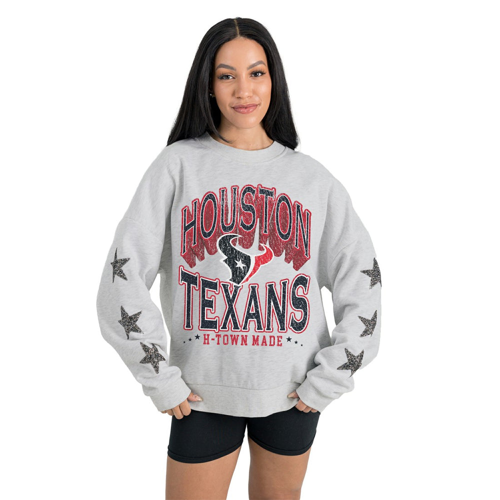 Houston Texans Gameday Couture Women's Resilience Relaxed Rhinestone Pullover Sweatshirt Ash