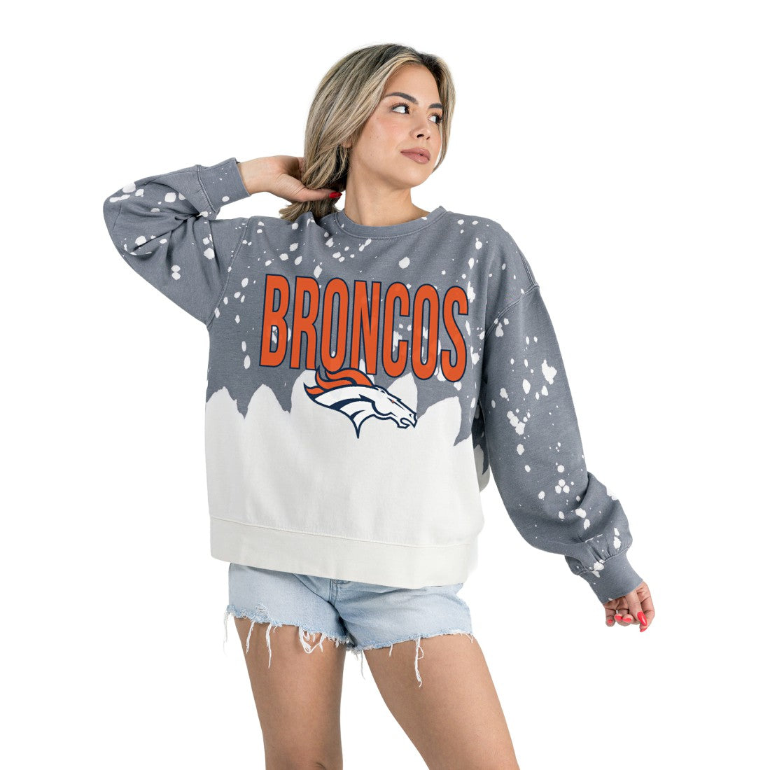 Denver Broncos Gameday Couture Women's Oversized Faded Wash Tri-Blend Pullover Sweatshirt Gray