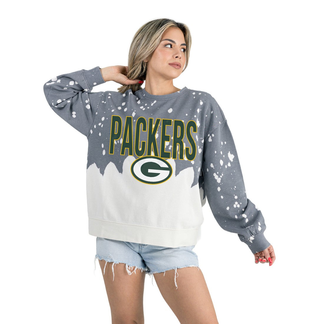 Green Bay Packers Gameday Couture Women's Oversized Faded Wash Tri-Blend Pullover Sweatshirt Gray
