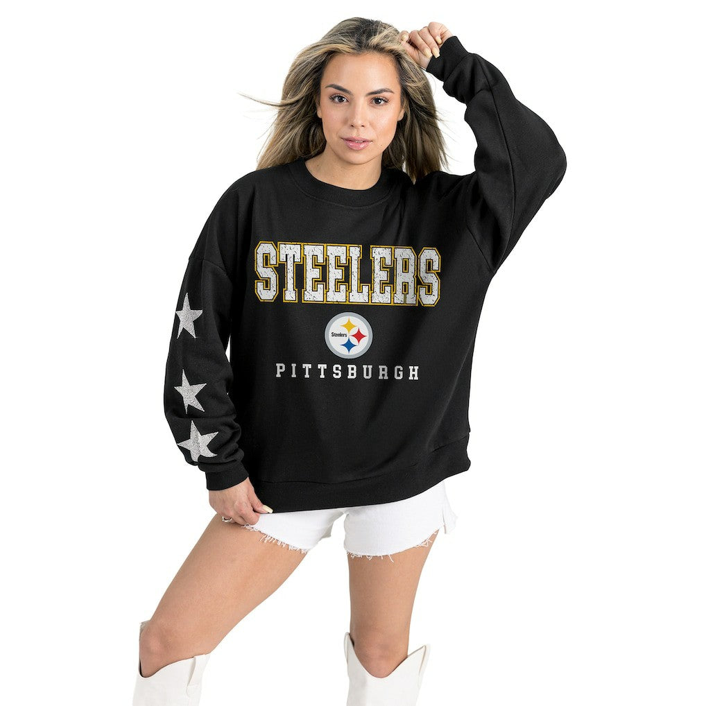 Pittsburgh Steelers Gameday Couture Women's Velocity Relaxed Rhinestone Pullover Sweatshirt Black