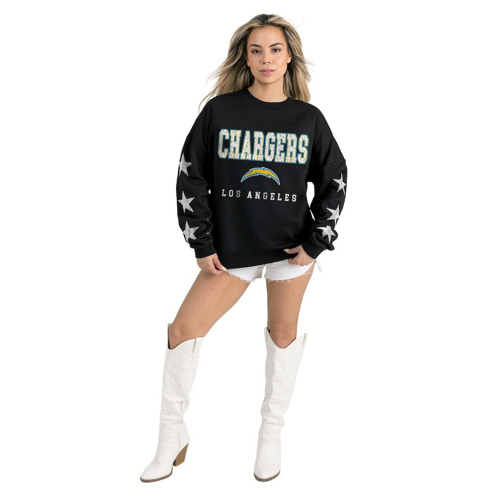 Los Angeles Chargers Gameday Couture Women's Velocity Relaxed Rhinestone Pullover Sweatshirt Black