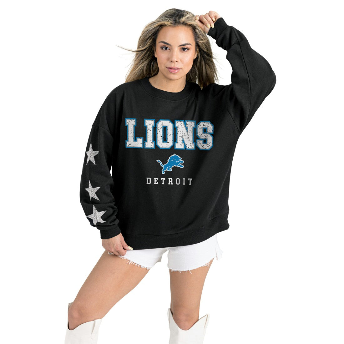 Detroit Lions Gameday Couture Women's Velocity Relaxed Rhinestone Pullover Sweatshirt Black
