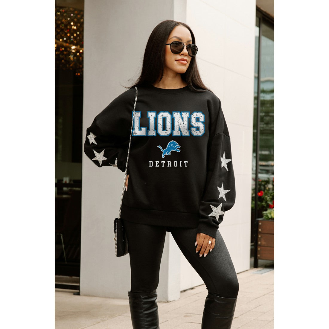 Detroit Lions Gameday Couture Women's Velocity Relaxed Rhinestone Pullover Sweatshirt Black
