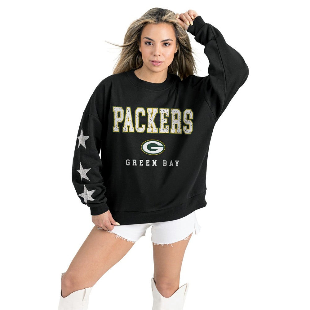 Green Bay Packers Gameday Couture Women's Velocity Relaxed Rhinestone Pullover Sweatshirt Black