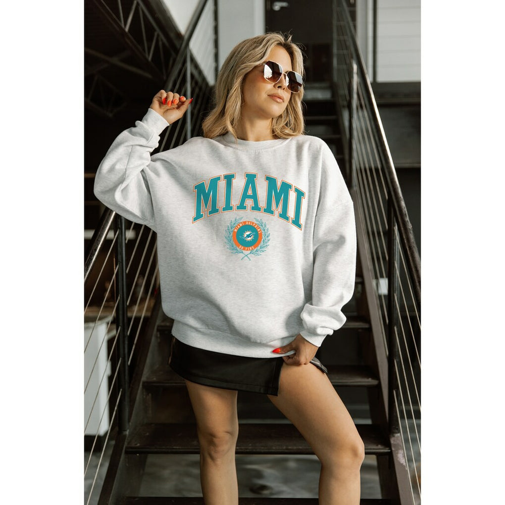 Miami Dolphins Gameday Couture Women's Traditional Logo Oversized Premium Fleece Pullover Sweatshirt Ash