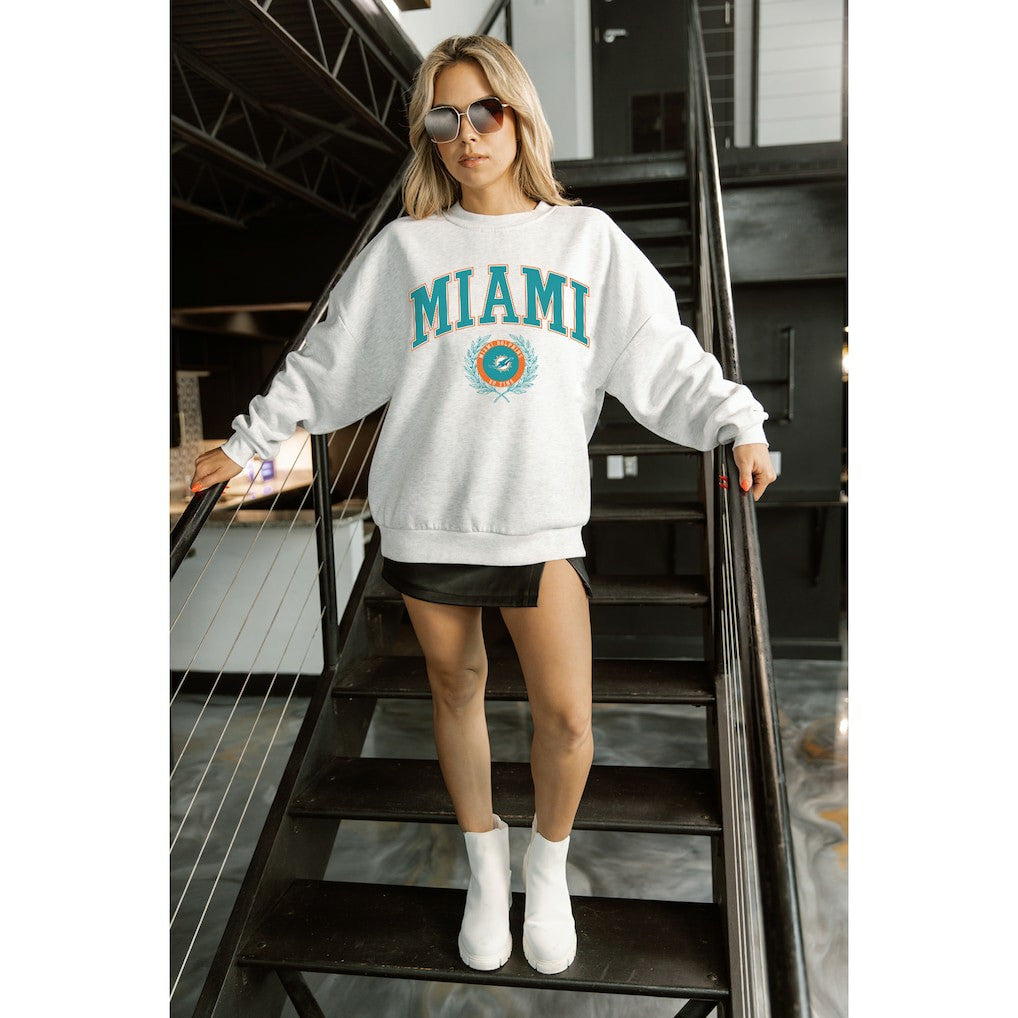 Miami Dolphins Gameday Couture Women's Traditional Logo Oversized Premium Fleece Pullover Sweatshirt Ash