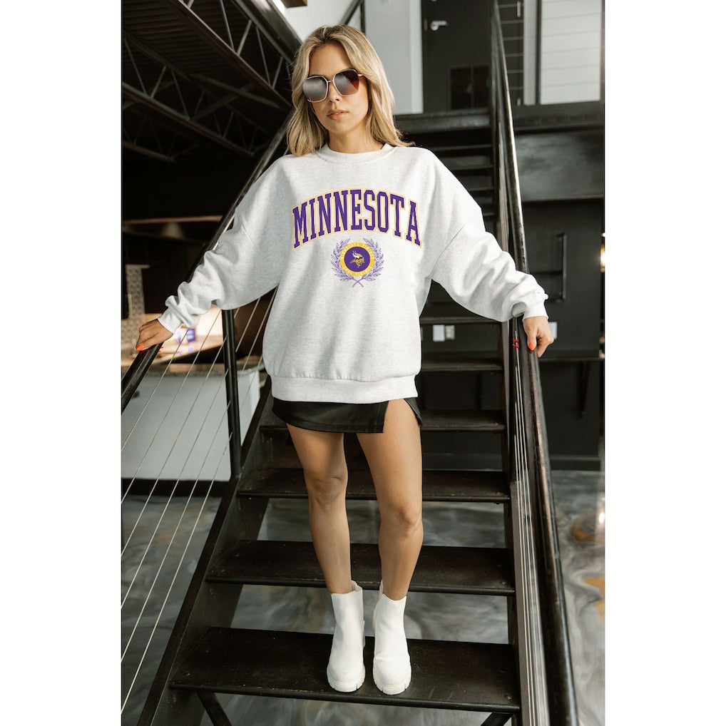 Minnesota Vikings Gameday Couture Women's Traditional Logo Oversized Premium Fleece Pullover Sweatshirt Ash