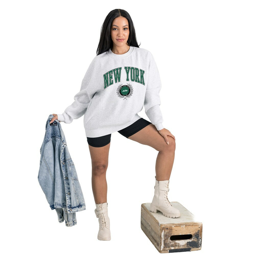 New York Jets Gameday Couture Women's Traditional Logo Oversized Premium Fleece Pullover Sweatshirt Ash