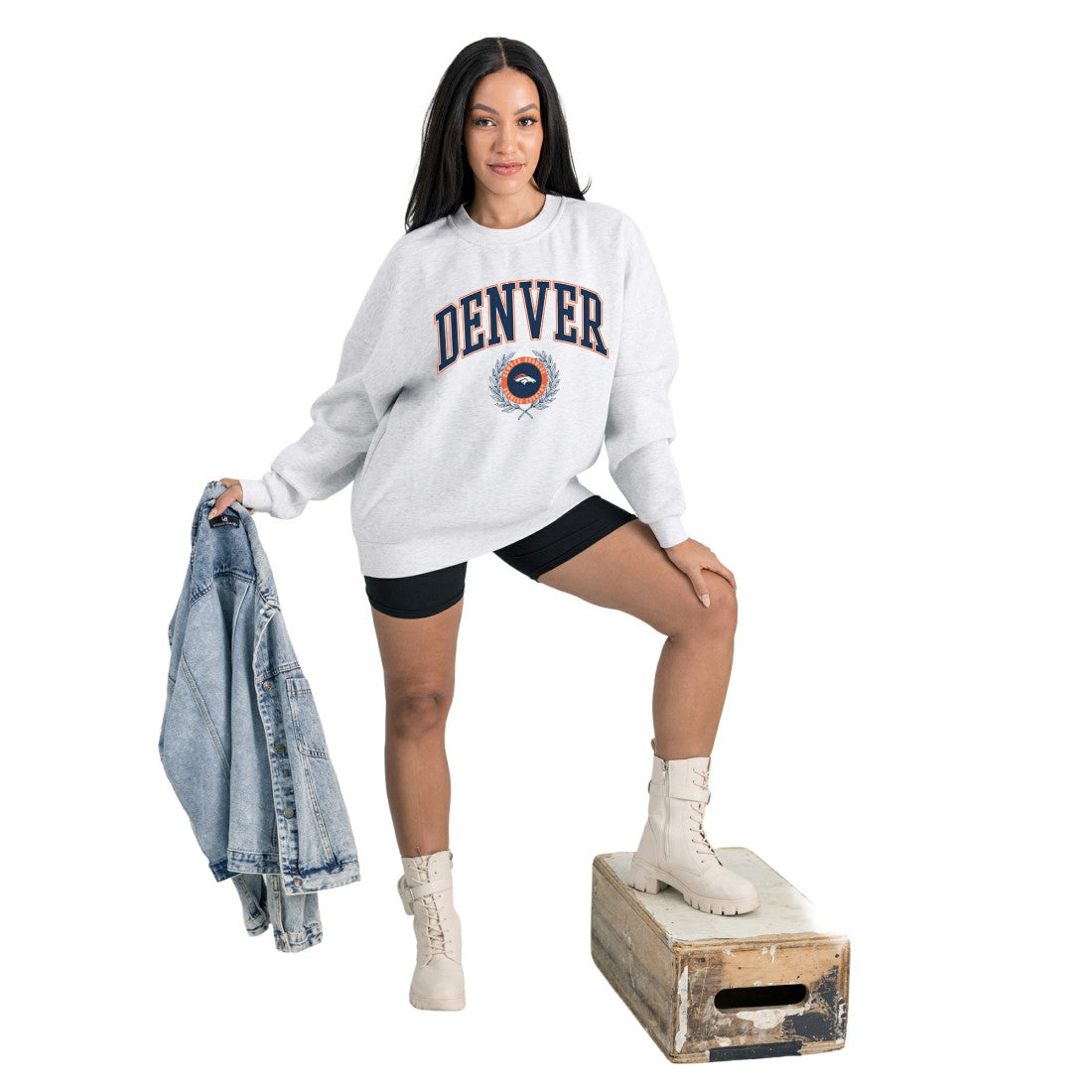 Denver Broncos Gameday Couture Women's Traditional Logo Oversized Premium Fleece Pullover Sweatshirt Ash