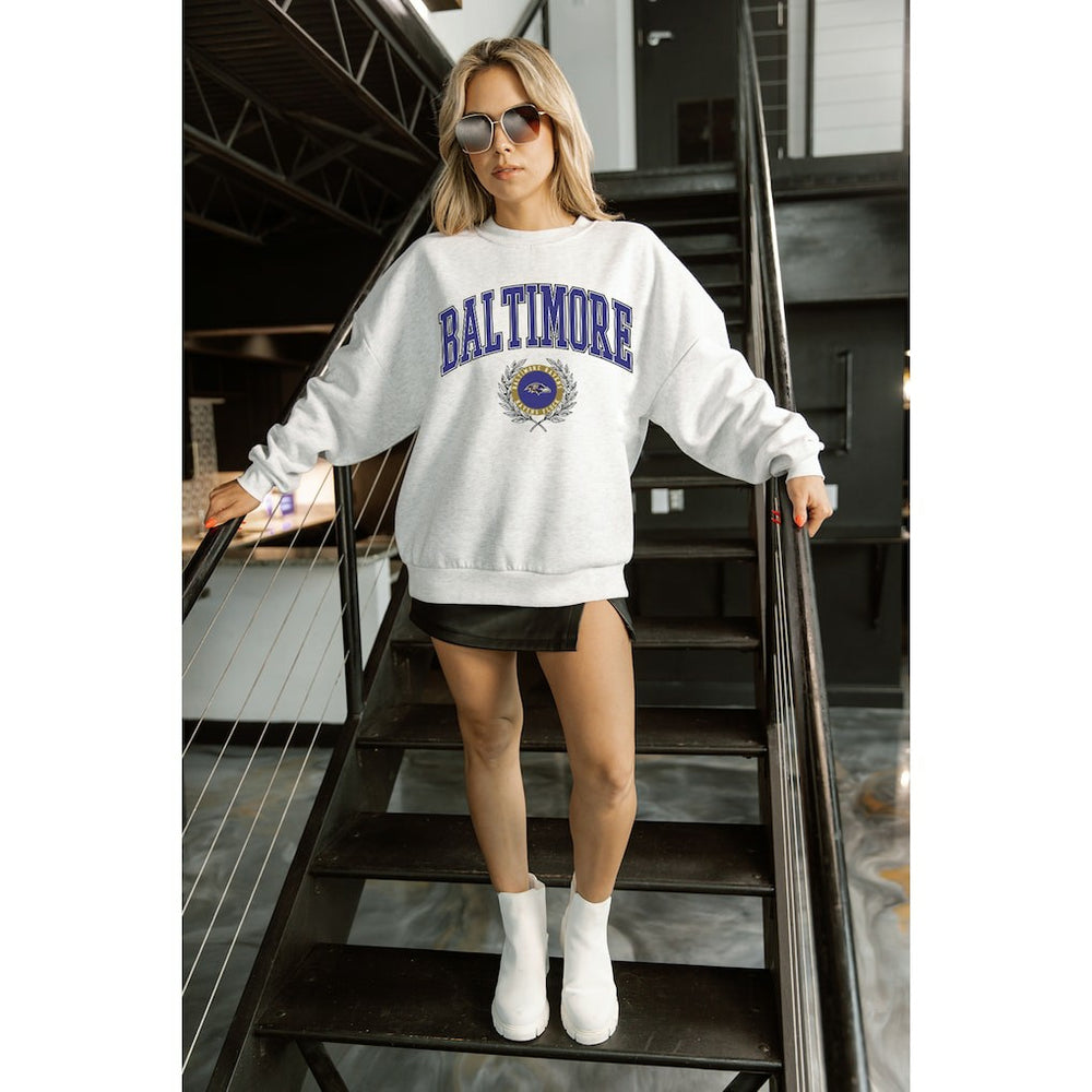 Baltimore Ravens Gameday Couture Women's Traditional Logo Oversized Premium Fleece Pullover Sweatshirt Ash
