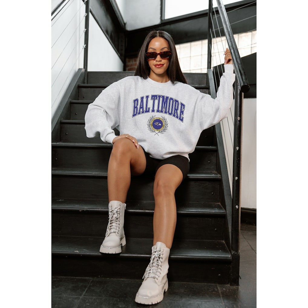 Baltimore Ravens Gameday Couture Women's Traditional Logo Oversized Premium Fleece Pullover Sweatshirt Ash