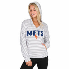 New York Mets Concepts Sport Women's Liftoff Striped V-Neck Hoodie - White/Gray Hoodies