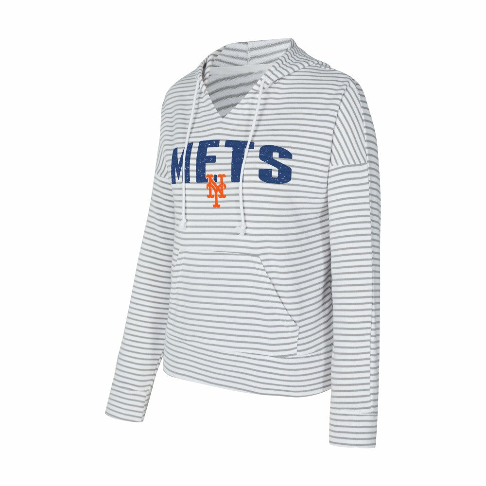 New York Mets Concepts Sport Women's Liftoff Striped V-Neck Hoodie - White/Gray Hoodies