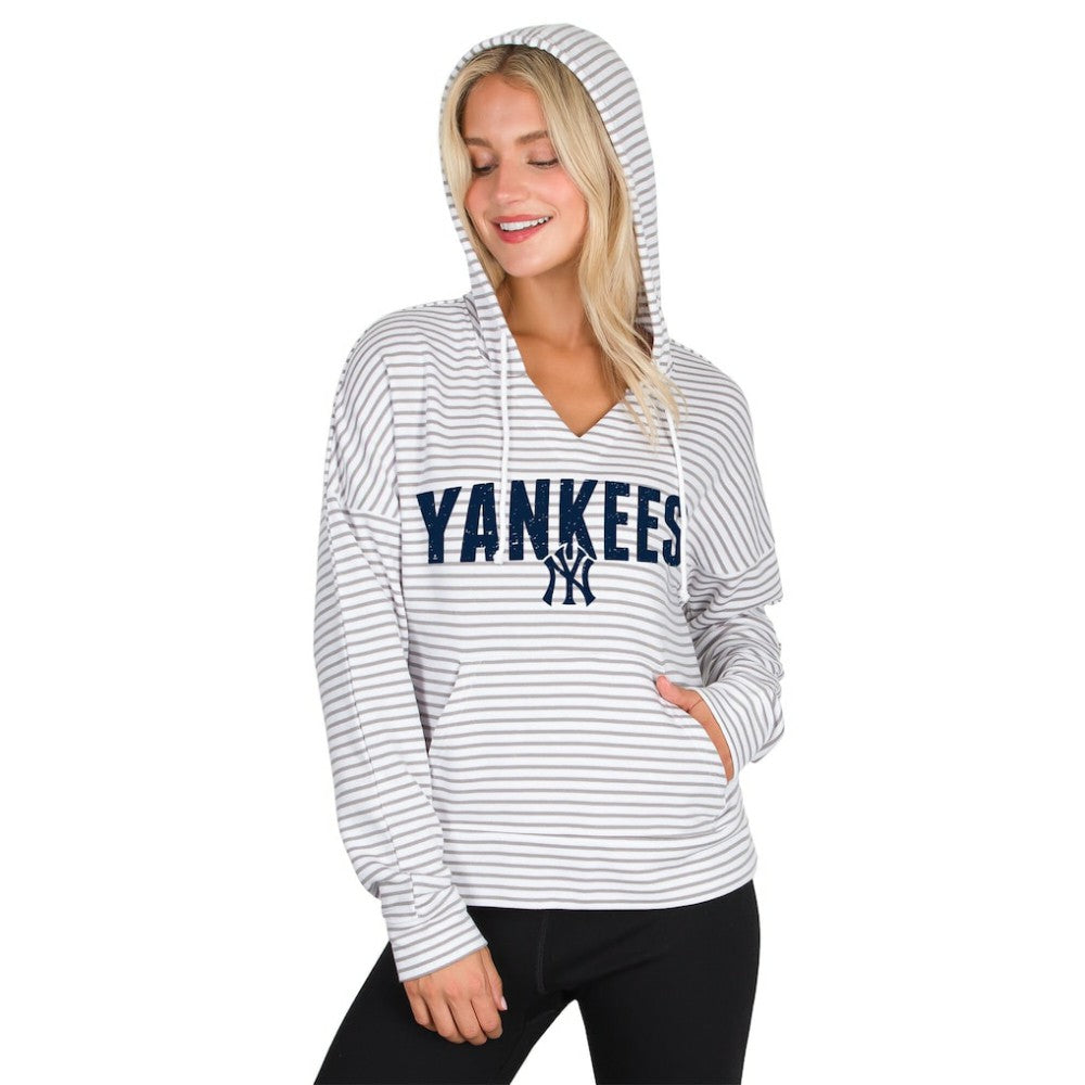 New York Yankees Concepts Sport Women's Liftoff Striped V-Neck Hoodie - White/Gray Hoodies