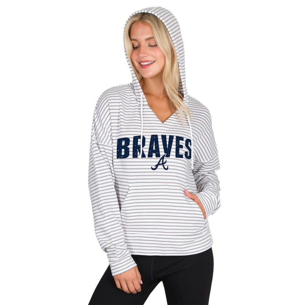Atlanta Braves Concepts Sport Women's Liftoff Striped V-Neck Hoodie - White/Gray Hoodies