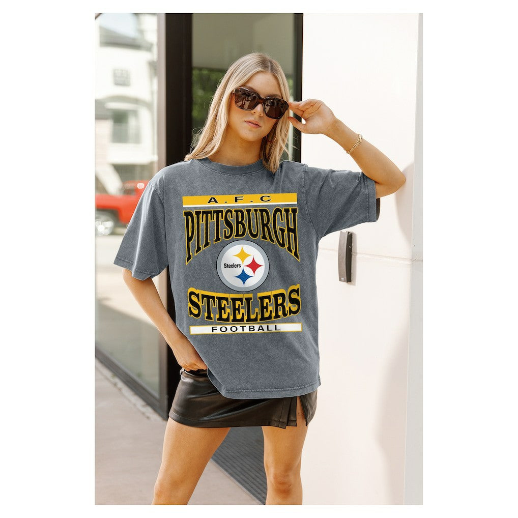 Pittsburgh Steelers Gameday Couture Women's Oversized Classic Grind Washed T-Shirt Gray