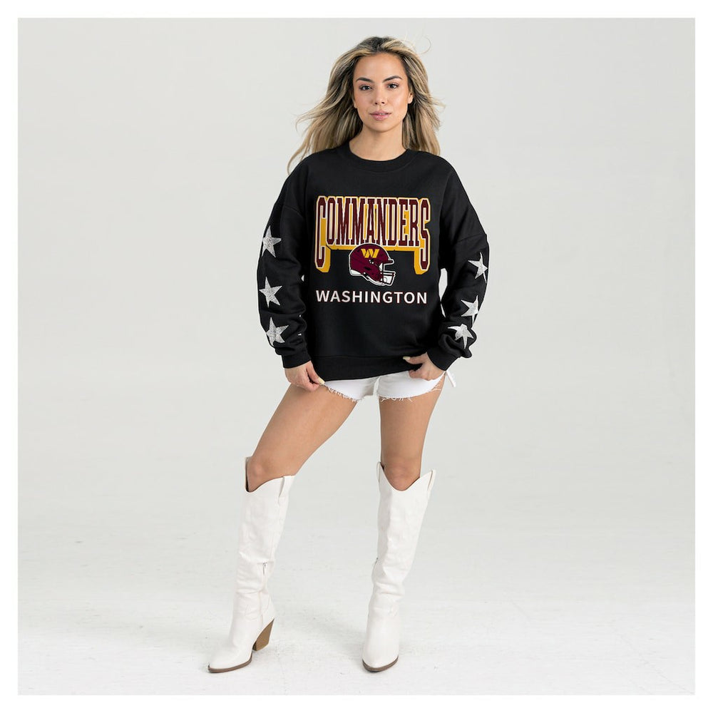 Washington Commanders Gameday Couture Women's Pure Victory Rhinestud Star-Sleeve Pullover Sweatshirt Black