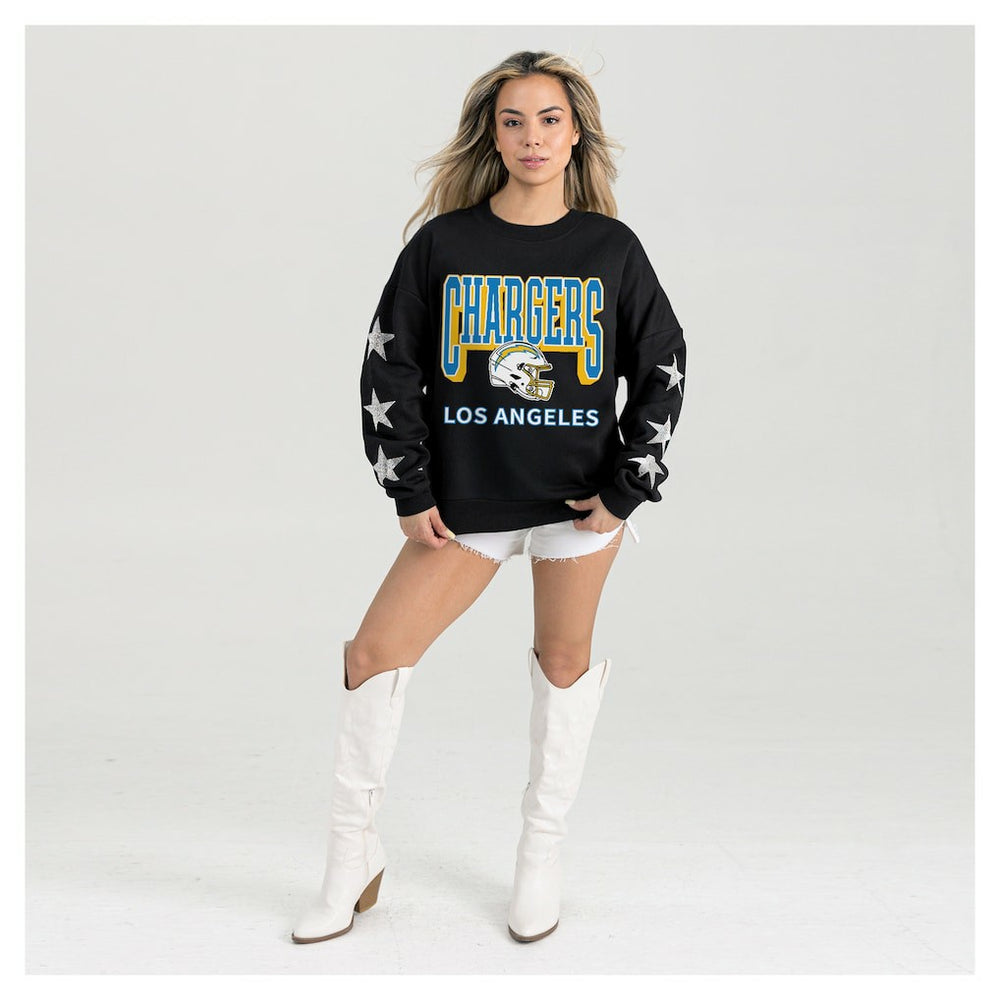 Los Angeles Chargers Gameday Couture Women's Pure Victory Rhinestud Star-Sleeve Pullover Sweatshirt Black