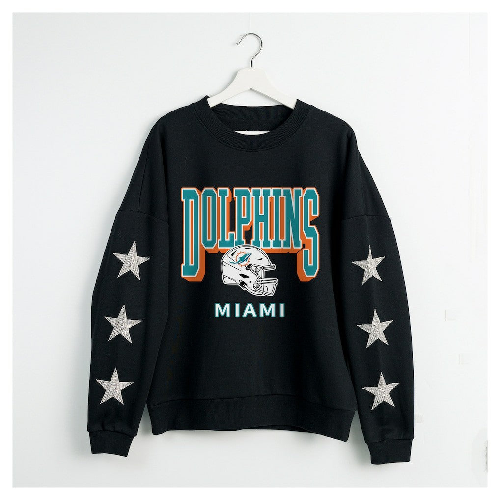 Miami Dolphins Gameday Couture Women's Pure Victory Rhinestud Star-Sleeve Pullover Sweatshirt Black