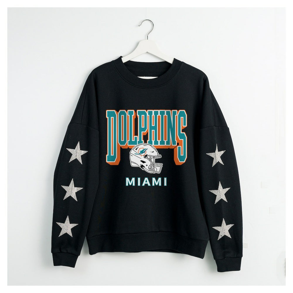 Miami Dolphins Gameday Couture Women's Pure Victory Rhinestud Star-Sleeve Pullover Sweatshirt Black
