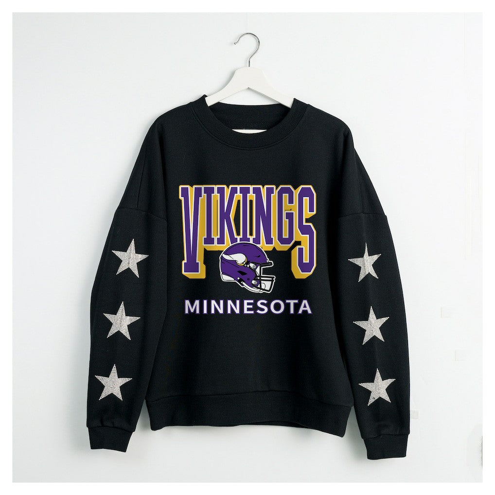 Minnesota Vikings Gameday Couture Women's Pure Victory Rhinestud Star-Sleeve Pullover Sweatshirt Black