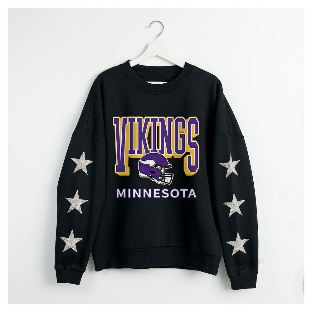 Minnesota Vikings Gameday Couture Women's Pure Victory Rhinestud Star-Sleeve Pullover Sweatshirt Black
