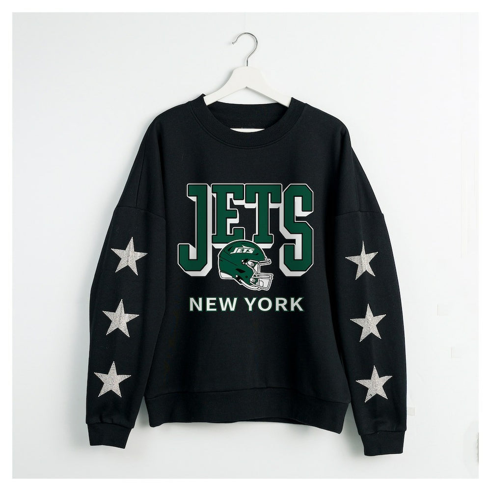 New York Jets Gameday Couture Women's Pure Victory Rhinestud Star-Sleeve Pullover Sweatshirt Black
