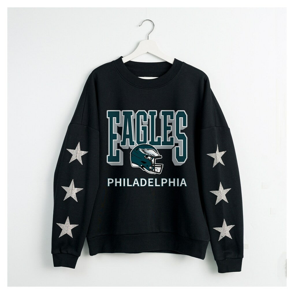 Philadelphia Eagles Gameday Couture Women's Pure Victory Rhinestud Star-Sleeve Pullover Sweatshirt Black